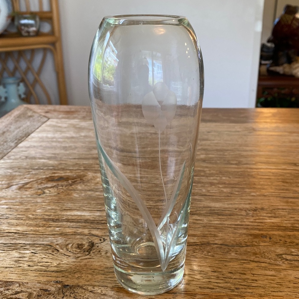 Glass Vase with Etched Flower 7.5 inches Tall